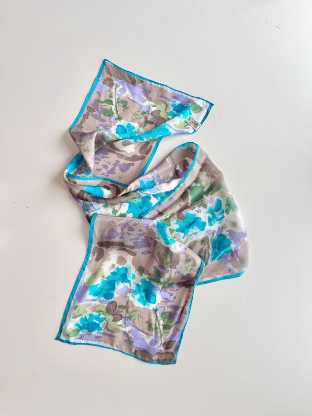 Vintage VERA Grey Blue Purple Floral Silk Crepe 52" x 10" Rectangle Scarf
